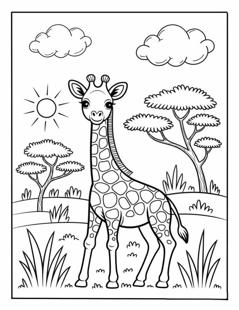 Hình vẽ hươu cao cổ tô màu phong cách đáng yêu