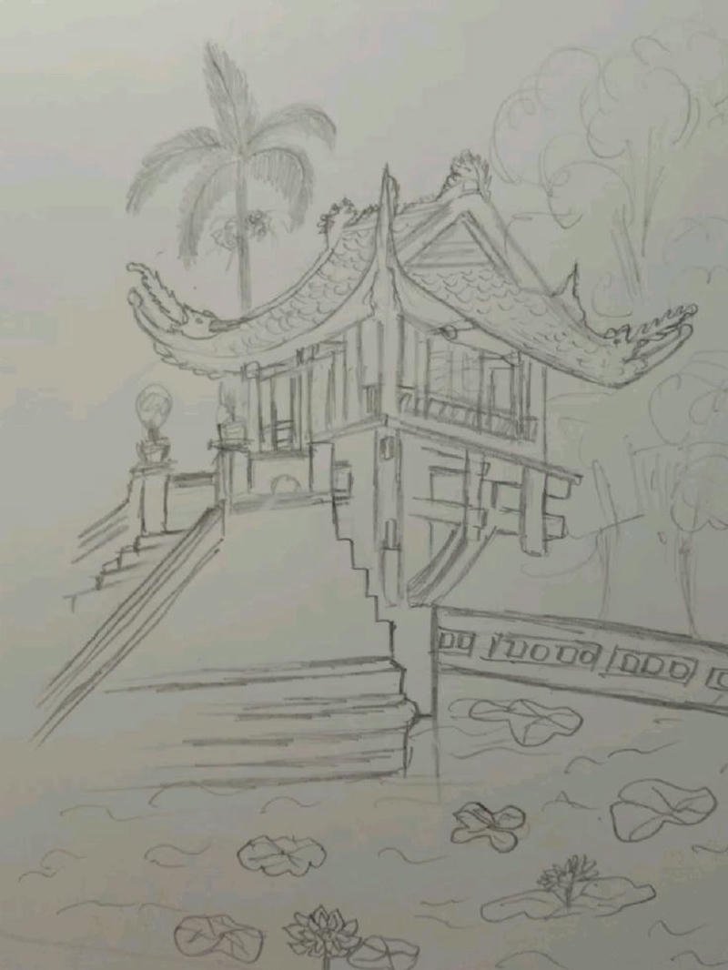 Minh họa kiến trúc chùa một cột sắc nét tinh tế