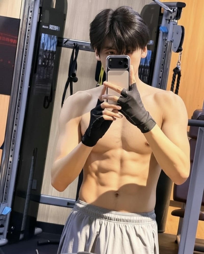 Tạo dáng trước gương cùng trai đẹp 6 múi che mặt nghệ thuật