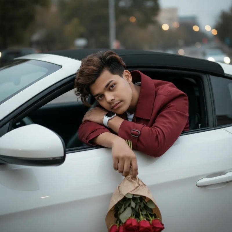 Trai Ấn Độ điển trai nam tính cầm hoa trong ô tô