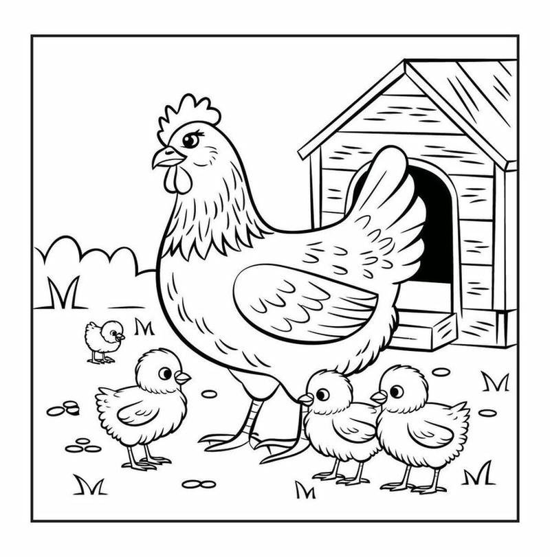 Tranh minh họa gà tô màu nét vẽ gọn gàng