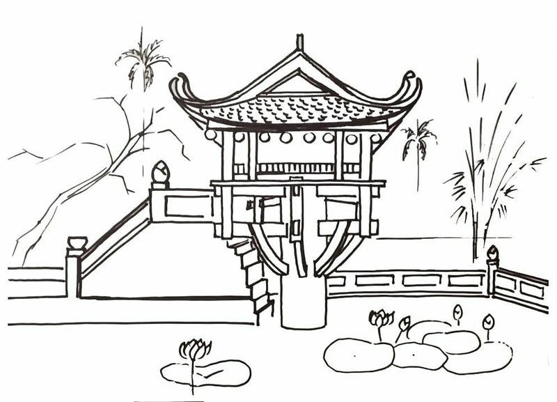 Tranh phác họa chùa một cột với bố cục cân đối