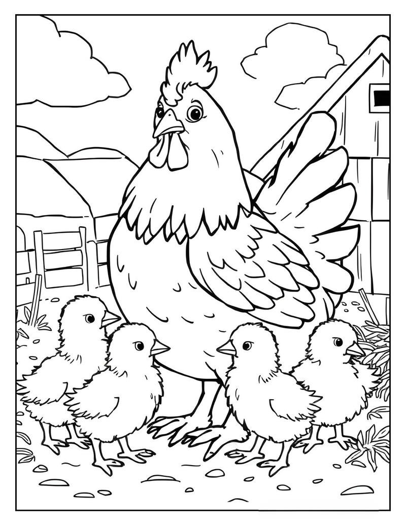 Tranh tô màu con gà bố cục cân đối dễ nhìn