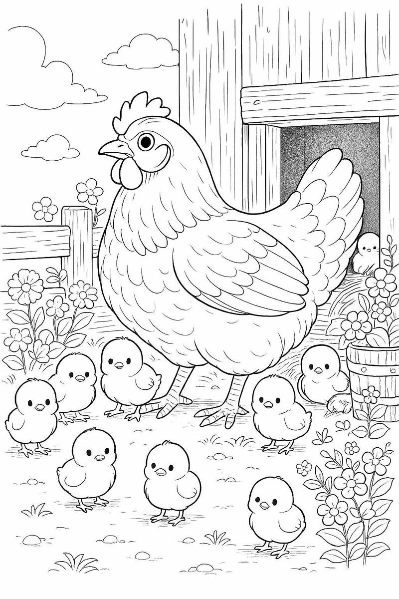 Tranh tô màu con gà cấu trúc rõ ràng dễ tiếp cận