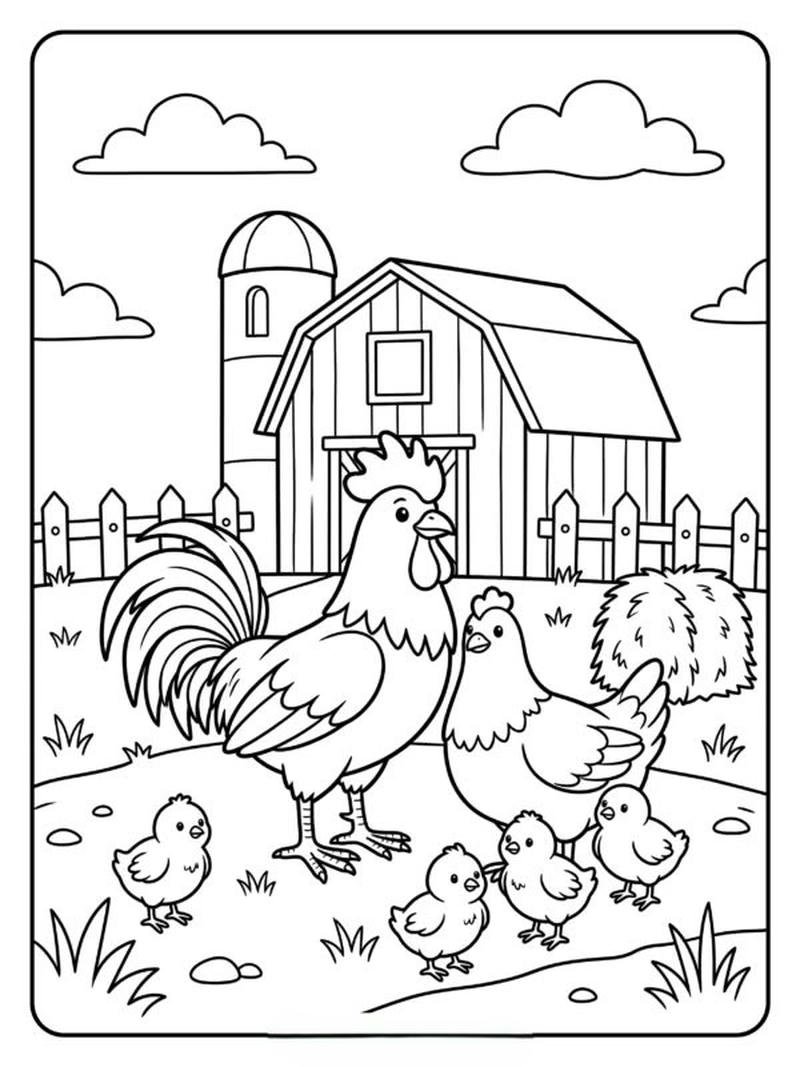 Tranh tô màu con gà chi tiết đơn giản phù hợp tô