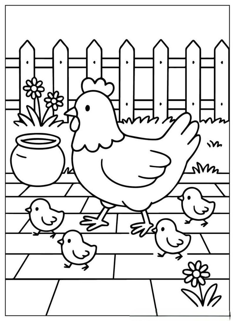 Tranh tô màu con gà tạo dáng linh hoạt đáng yêu