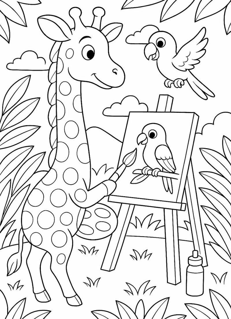 Tranh tô màu hươu cao cổ nét phác họa mạch lạc dễ tô