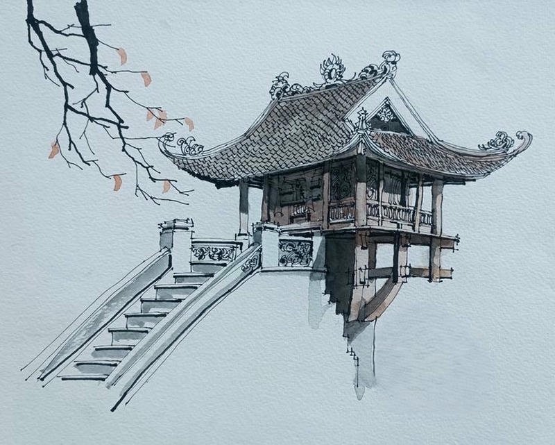 Tranh vẽ chùa một cột ánh sáng hài hòa dễ chịu