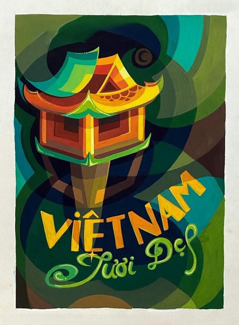 Tranh vẽ chùa một cột bố cục cân đối ấn tượng