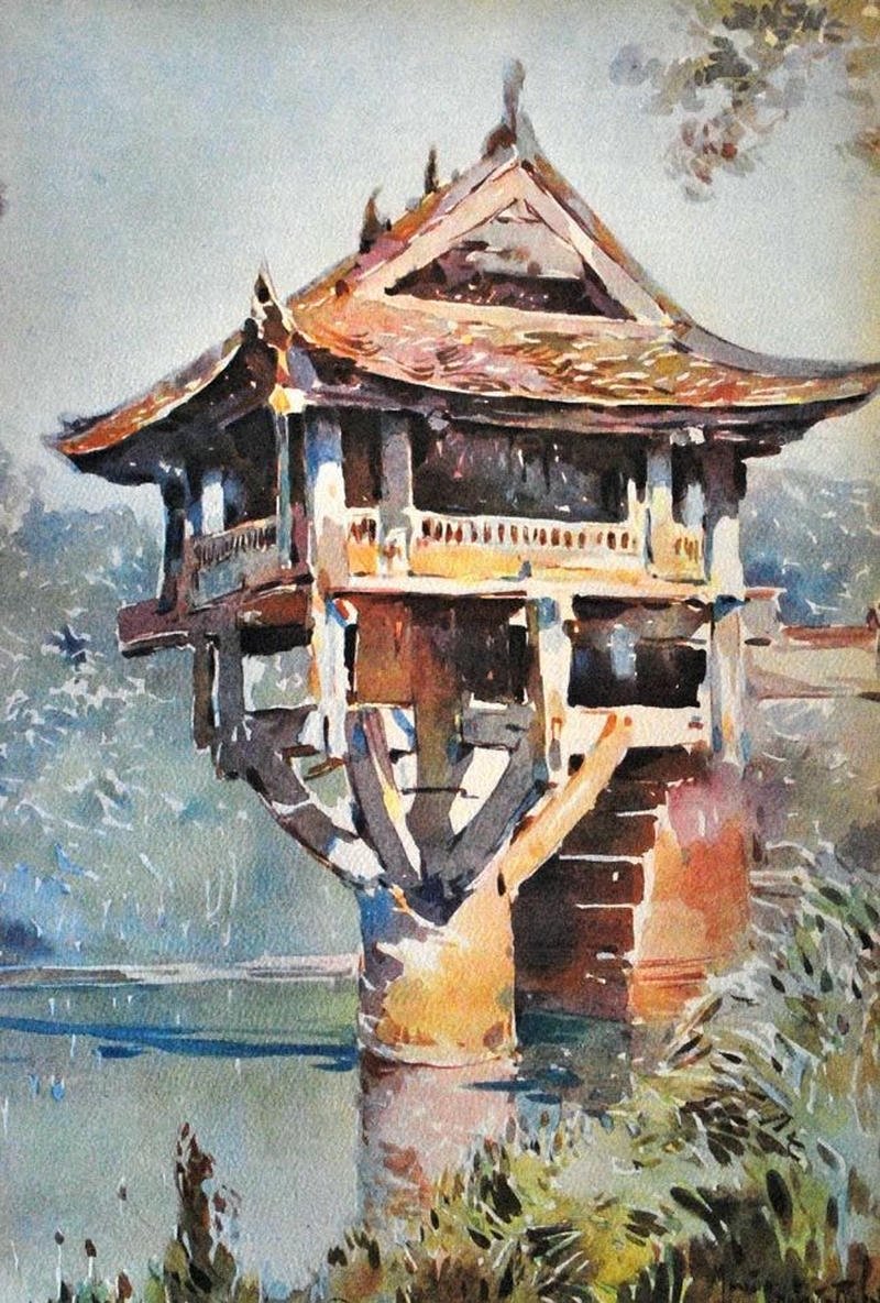 Tranh vẽ chùa một cột bố cục gọn gàng hài hòa