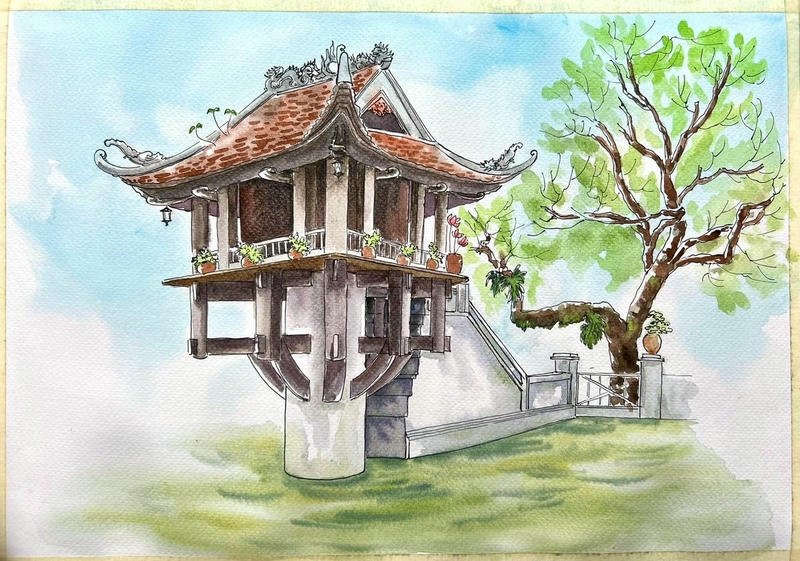Tranh vẽ chùa một cột đường nét hài hòa tinh tế
