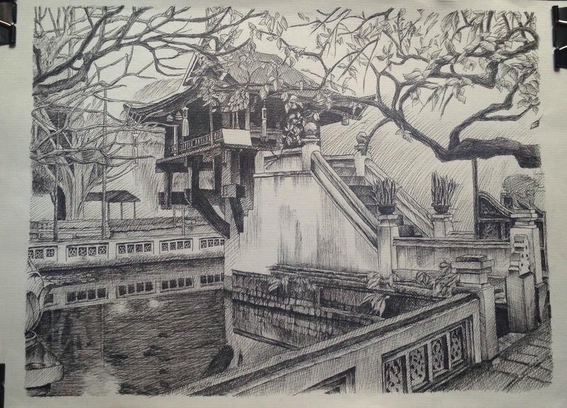 Tranh vẽ chùa một cột gam màu dịu nhẹ trang nhã