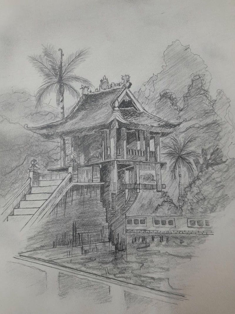 Tranh vẽ chùa một cột gam màu tinh tế nổi bật