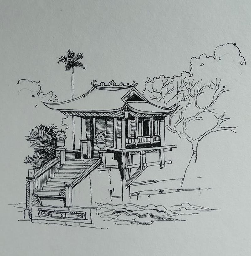 Tranh vẽ chùa một cột nét đẹp kiến trúc đặc sắc