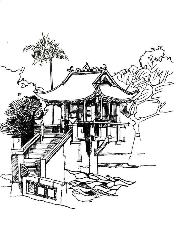 Tranh vẽ chùa một cột nét vẽ mềm mại cuốn hút