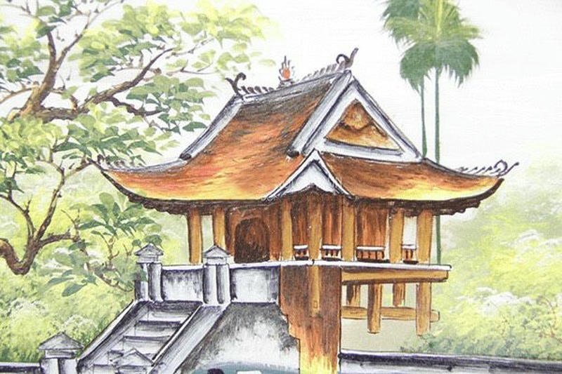 Tranh vẽ chùa một cột thể hiện nét cổ kính thanh tao