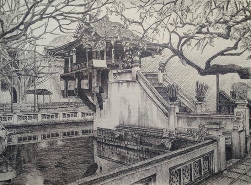 Tranh vẽ chùa một cột thể hiện vẻ đẹp truyền thống