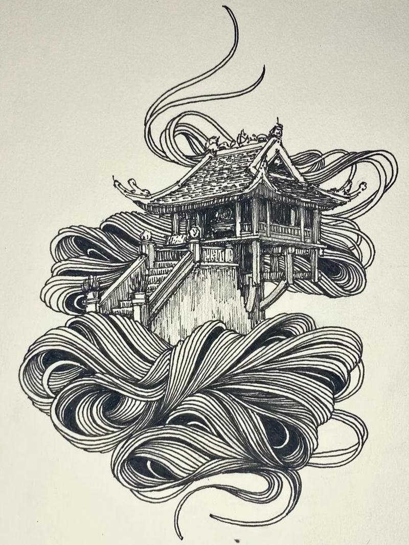 Tranh vẽ chùa một cột tỉ lệ cân xứng hài hòa