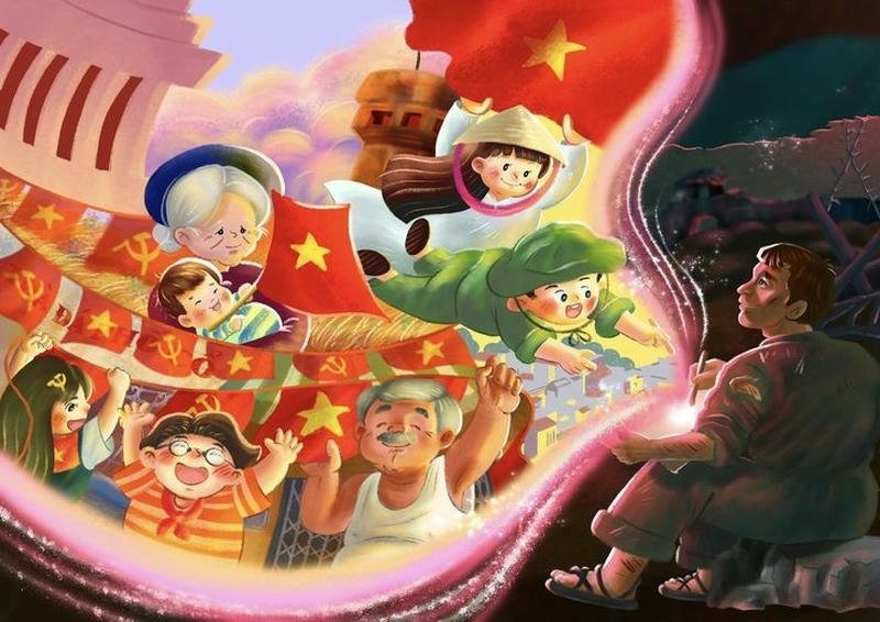 Vẽ tranh ngày quốc khánh gam màu rực rỡ hài hòa