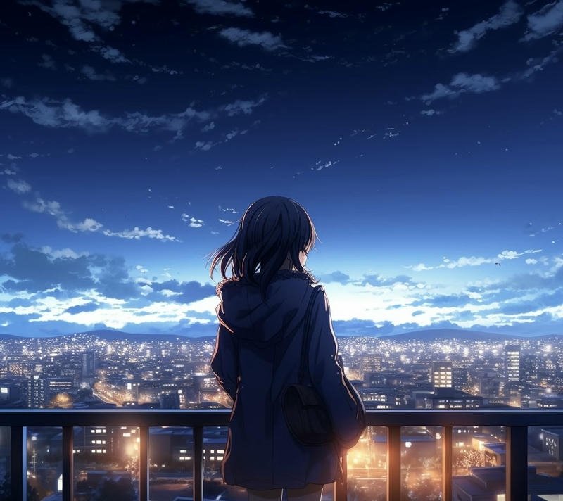 Ảnh cô gái quay lưng anime đứng trước khung cảnh thành phố