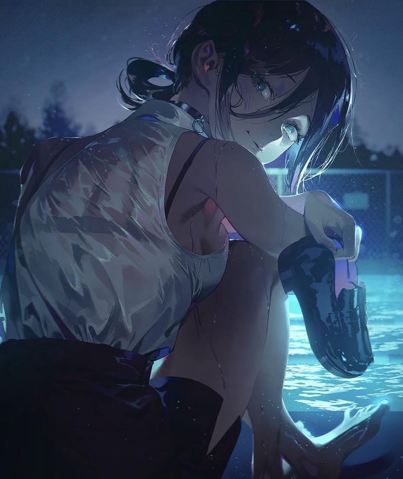 Ảnh cô gái quay lưng anime mặc váy dài đứng bên hồ