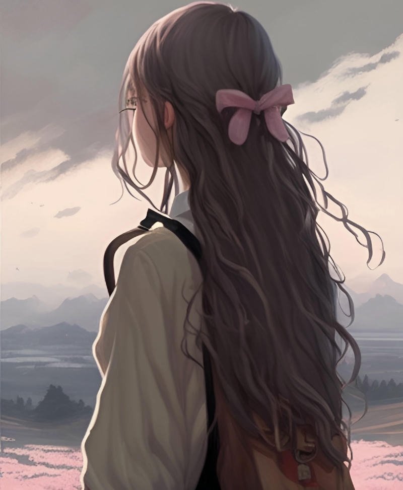 Ảnh cô gái quay lưng anime tóc dài nhìn về phía xa