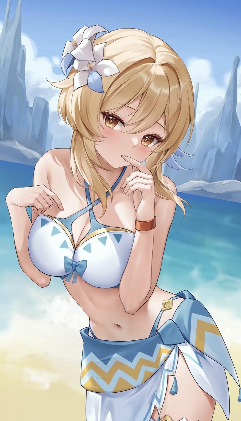 Anime bikini girl tạo dáng đáng yêu trước biển xanh