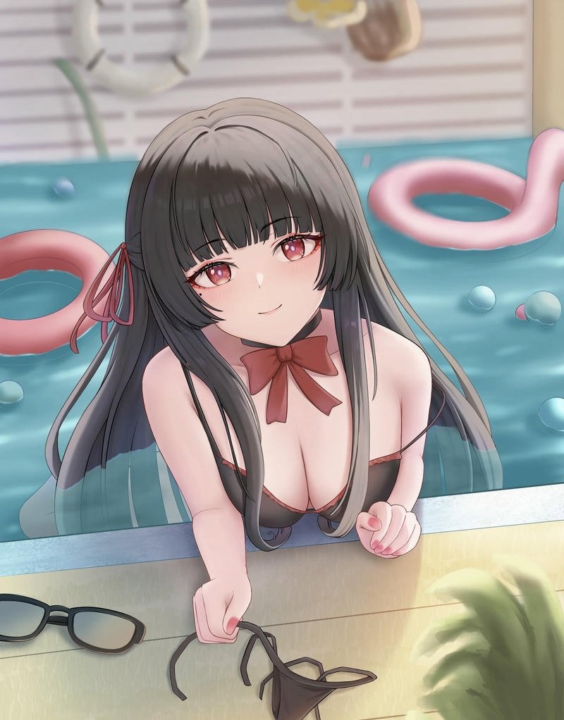 Anime nữ diện bikini xinh xắn bên hồ bơi