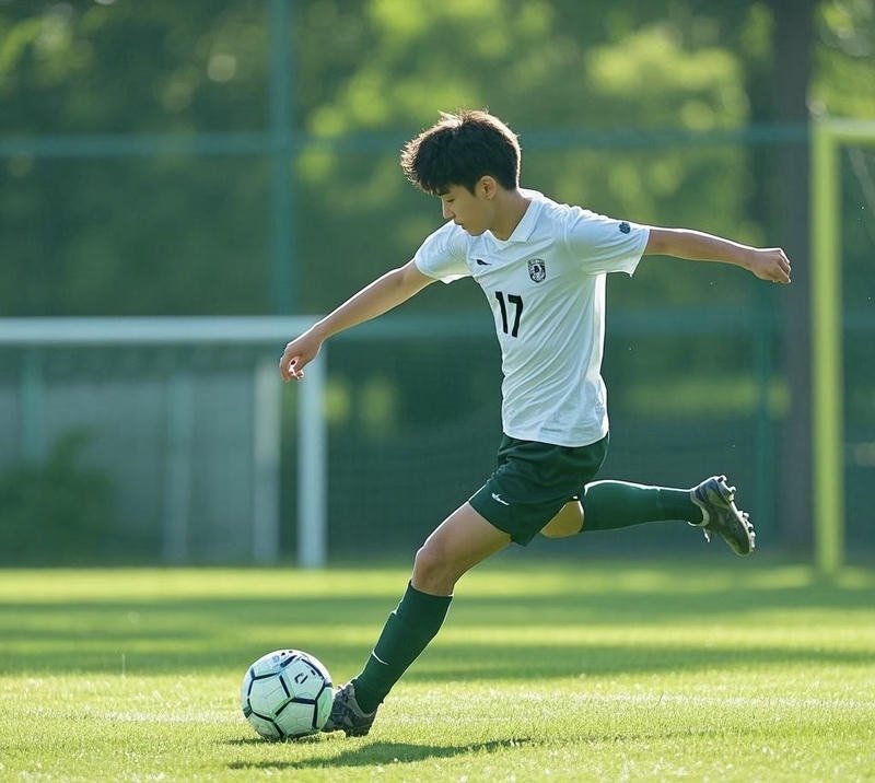 Cầu thủ trẻ đang sút bóng mạnh trên sân