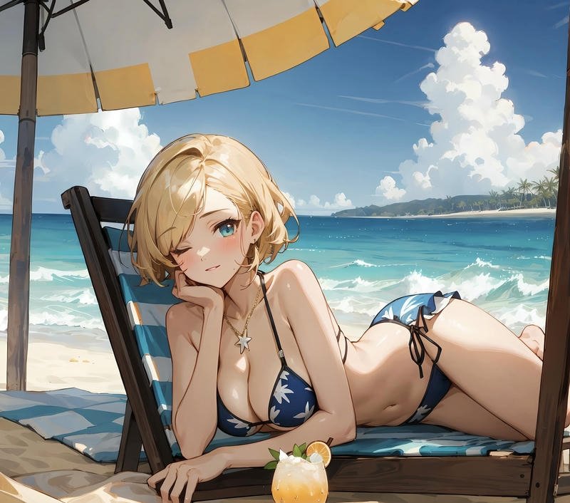 Cô gái anime mặc bikini đứng dưới ánh nắng