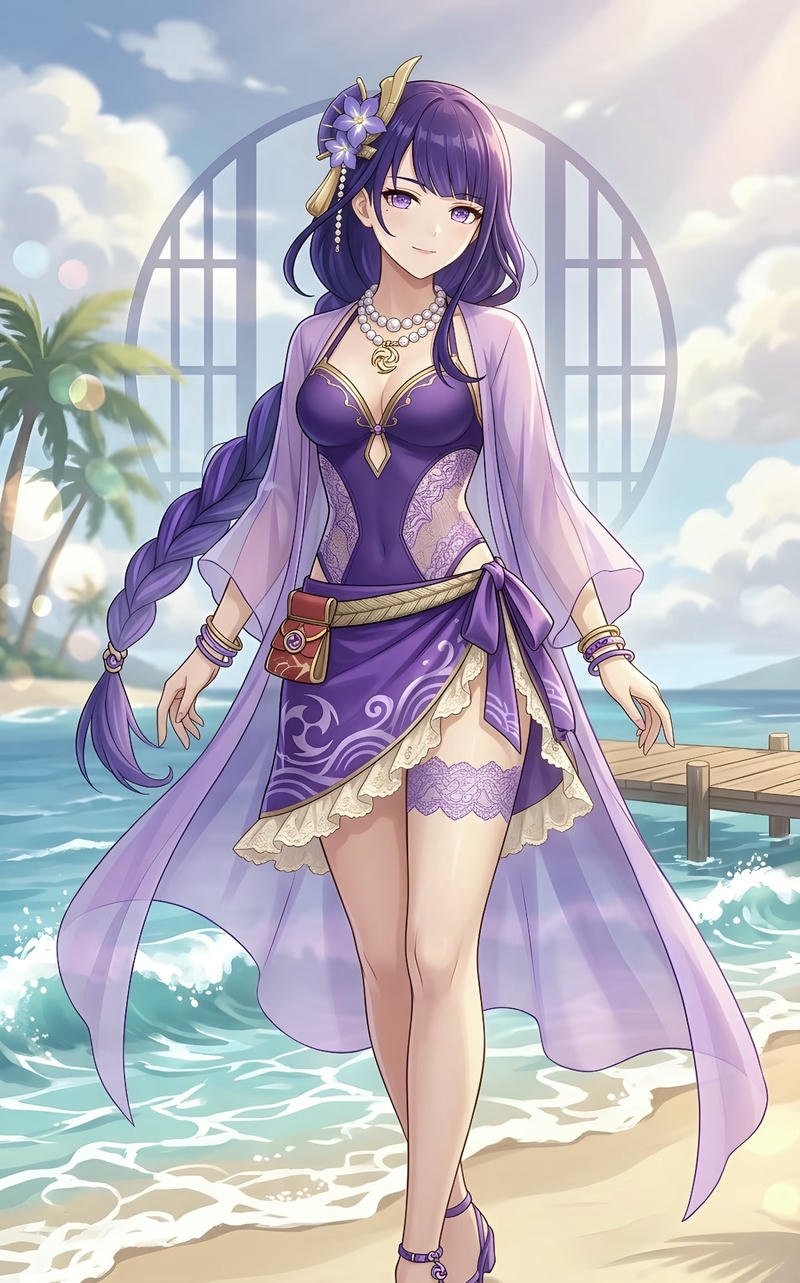 Gái anime mặc bikini tạo dáng bên bãi biển