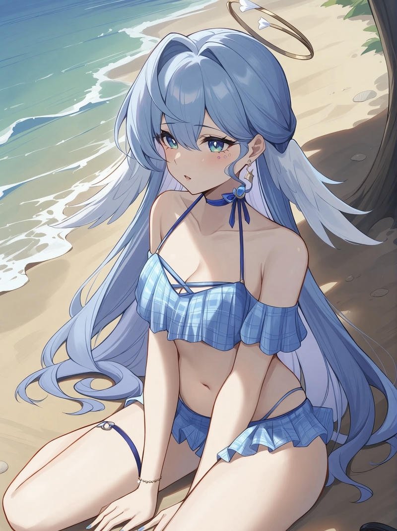 Gái anime mặc bikini trong khung cảnh biển xanh