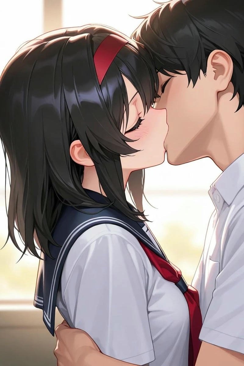 Hình ảnh anime hôn nhau hai nhân vật trao nụ hôn