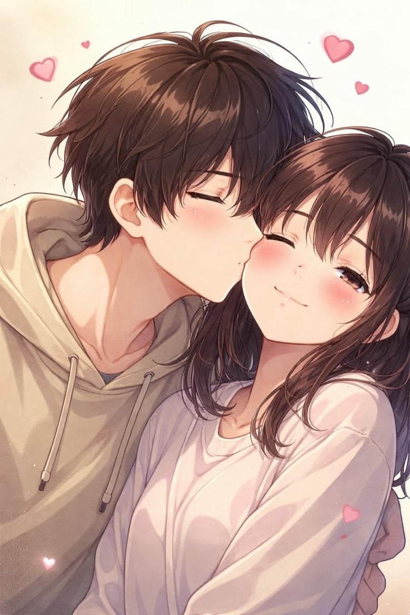 Hình anime hôn nhau đôi nam nữ chạm môi nhẹ
