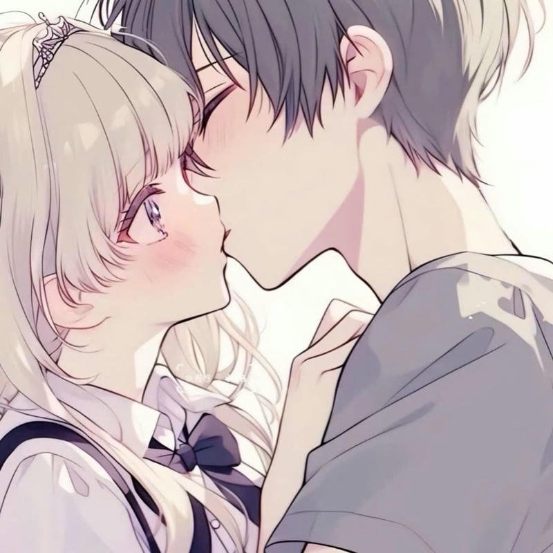 Hình anime hôn nhau hai người cúi gần trao nụ hôn