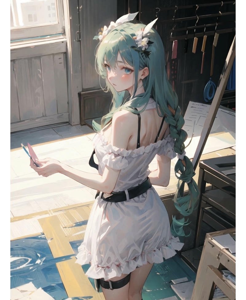 Hình cô gái quay lưng anime tóc dài giữa căn phòng
